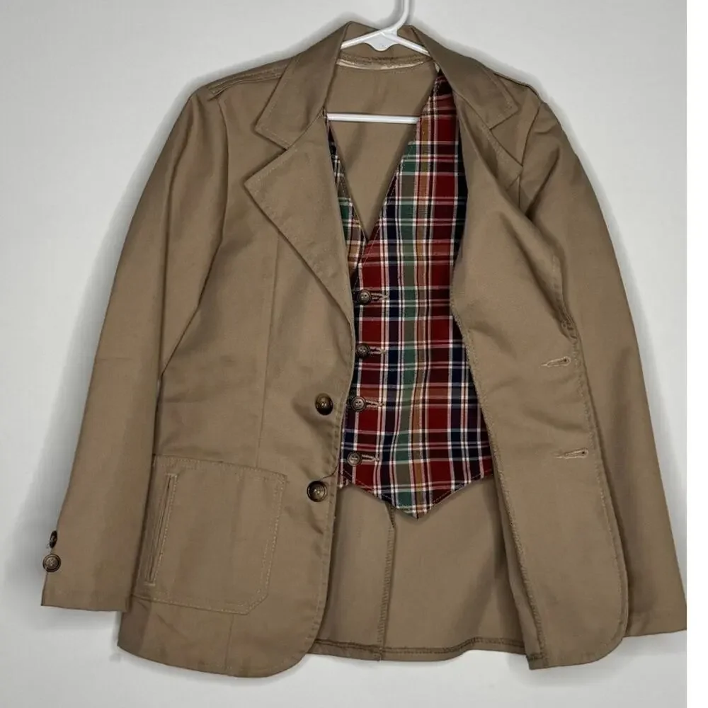 1980s Billy The Kid Boys Khaki Suit Set Jacket Vest Size 8 USA